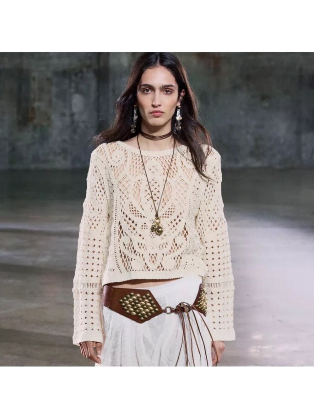 Zara Crochet Style Long Sleeve Top in Light Ecru Size S